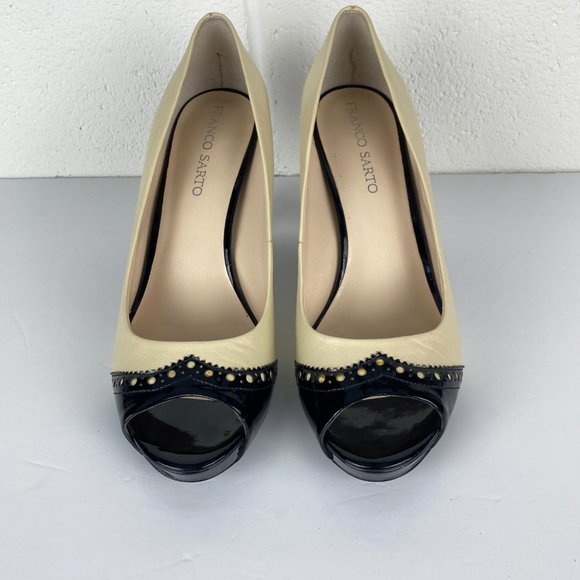 Franco Sarto Shoes Size 10‎ Ivory Black Bruna Leather Wing Tip Peep Toe Pump - Picture 5 of 13